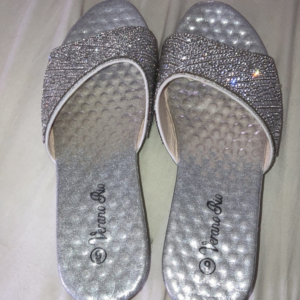 Silver Sparkly Wedge Slides/Mules Size 9 - image 3